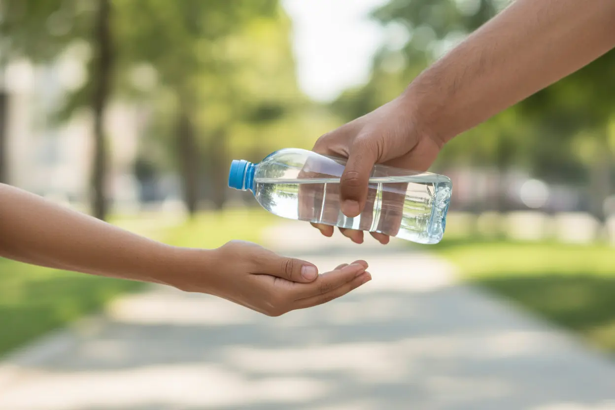 A person offering a bottle of water to someone in need, symbolizing a simple act of kindness.