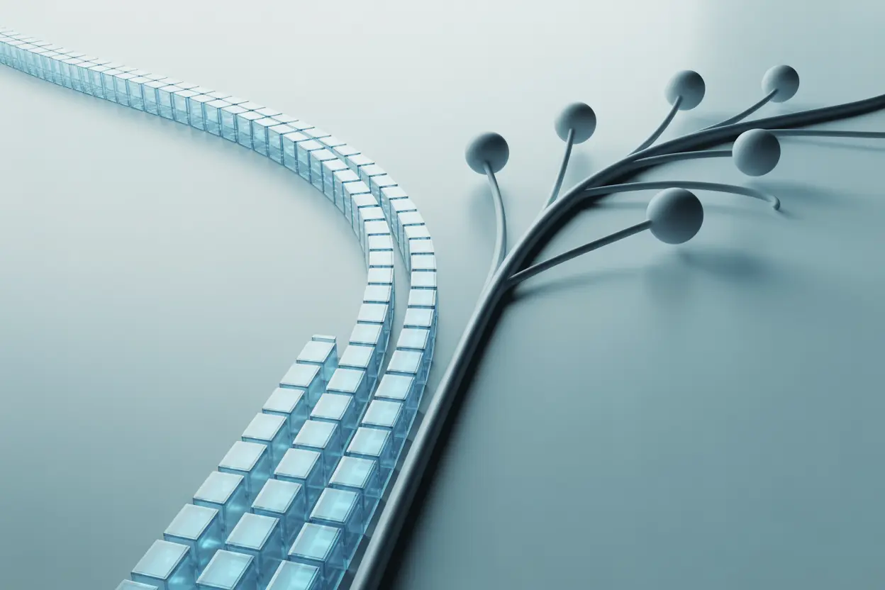 Abstract image showing two paths, one rigid and one flexible, representing different risk assessment methods.