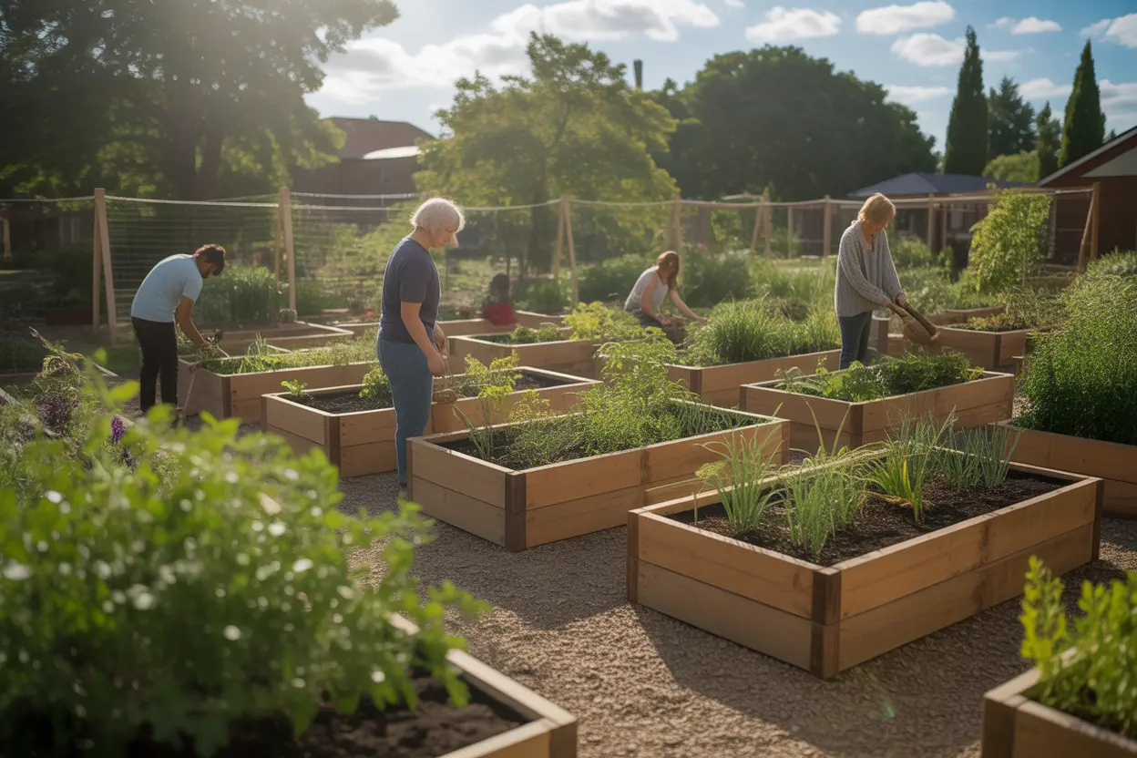 A peaceful therapy garden with people tending to raised garden beds in the sunshine.