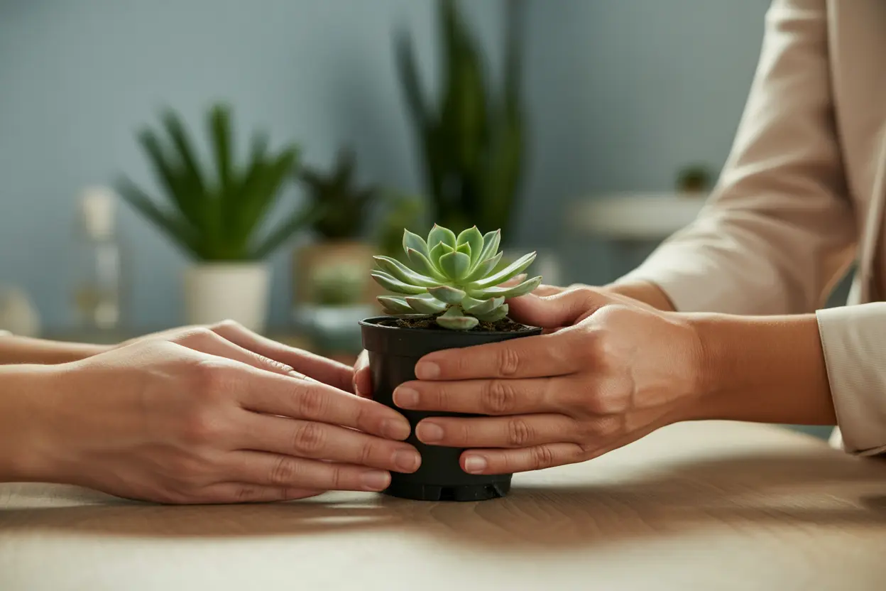 A therapist gently guides a patient's hands while potting a small plant.