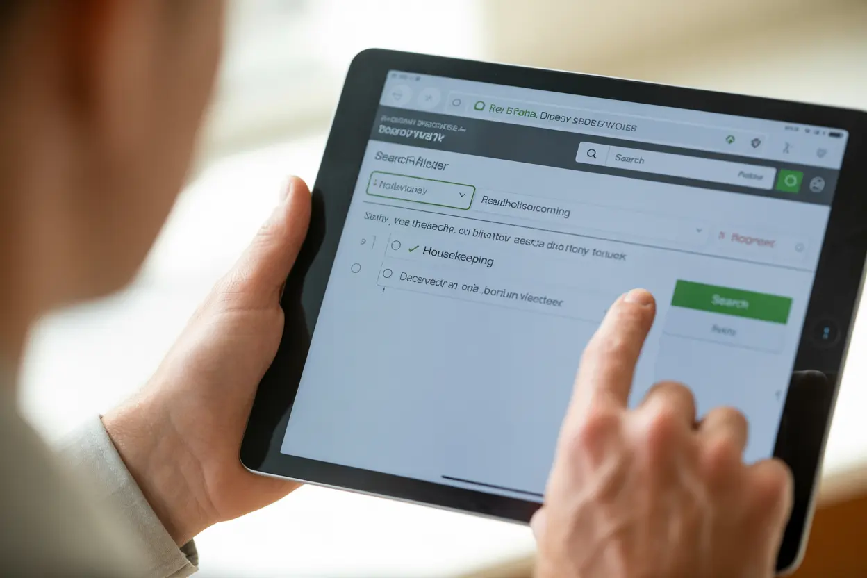 A person using a tablet to filter for rehab facilities with housekeeping services.