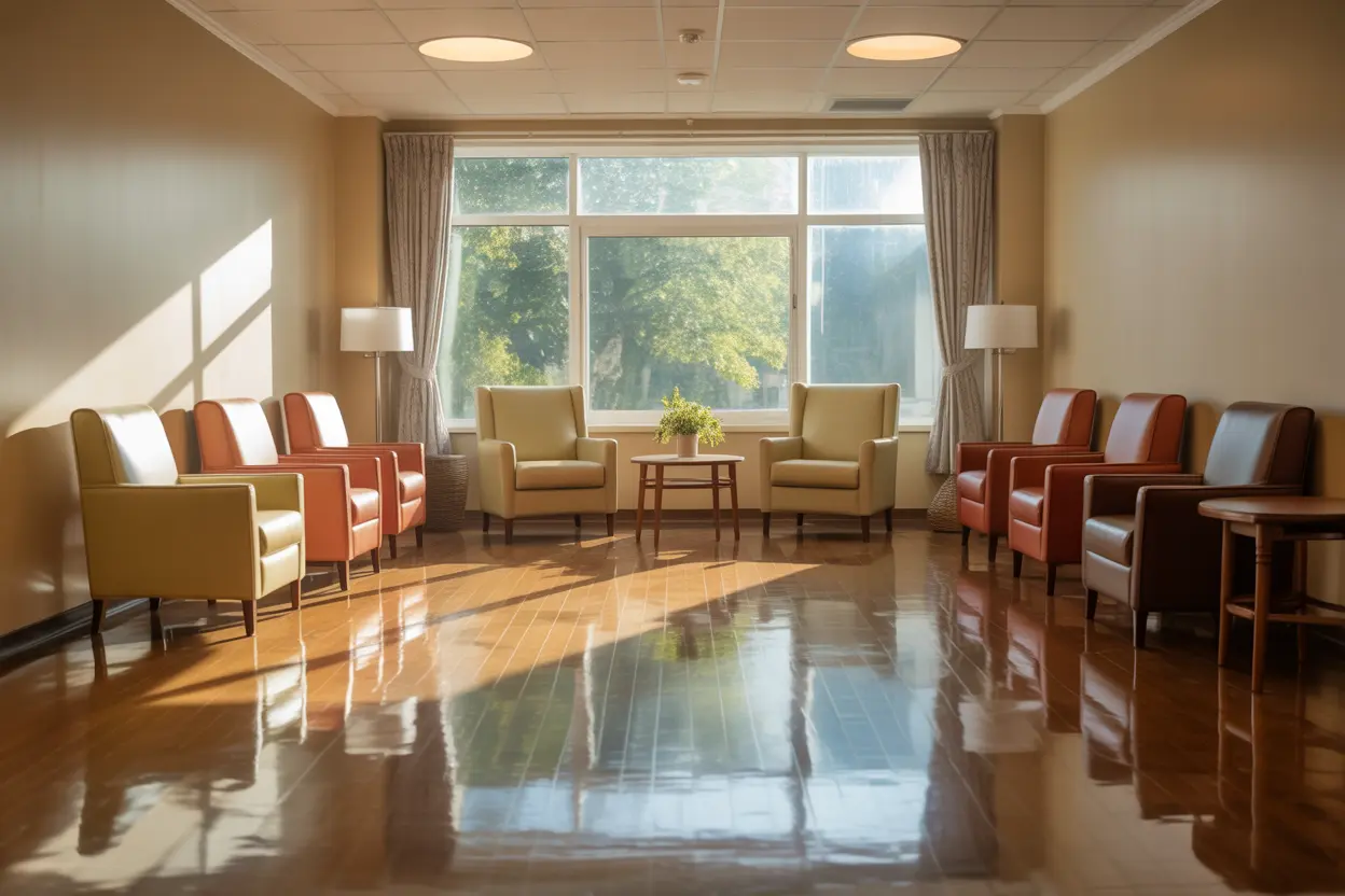 A serene and clean common room in a rehabilitation facility, with sunlight streaming in.
