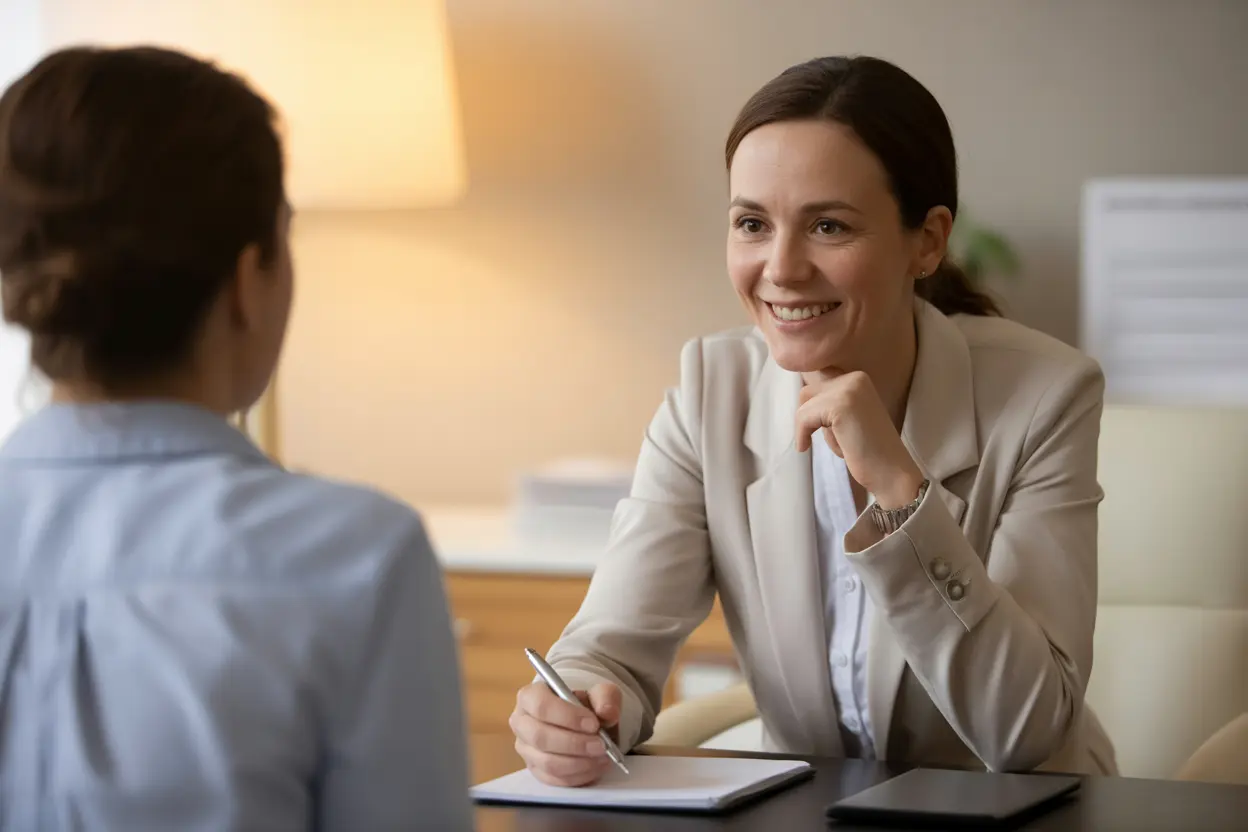 A friendly housing specialist listens attentively, ready to offer support and guidance.