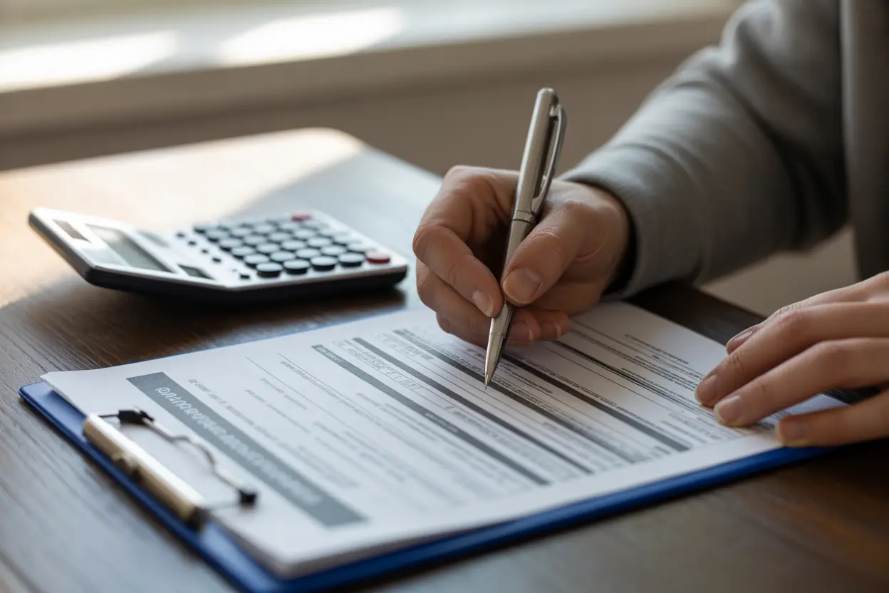 A person's hands filling out a housing assistance application form on a desk.