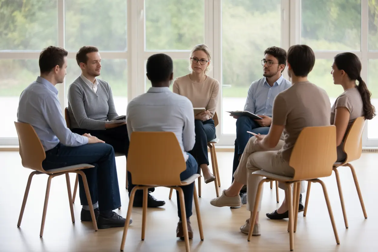 A diverse group of people in a supportive group therapy session for hydrocodone addiction.