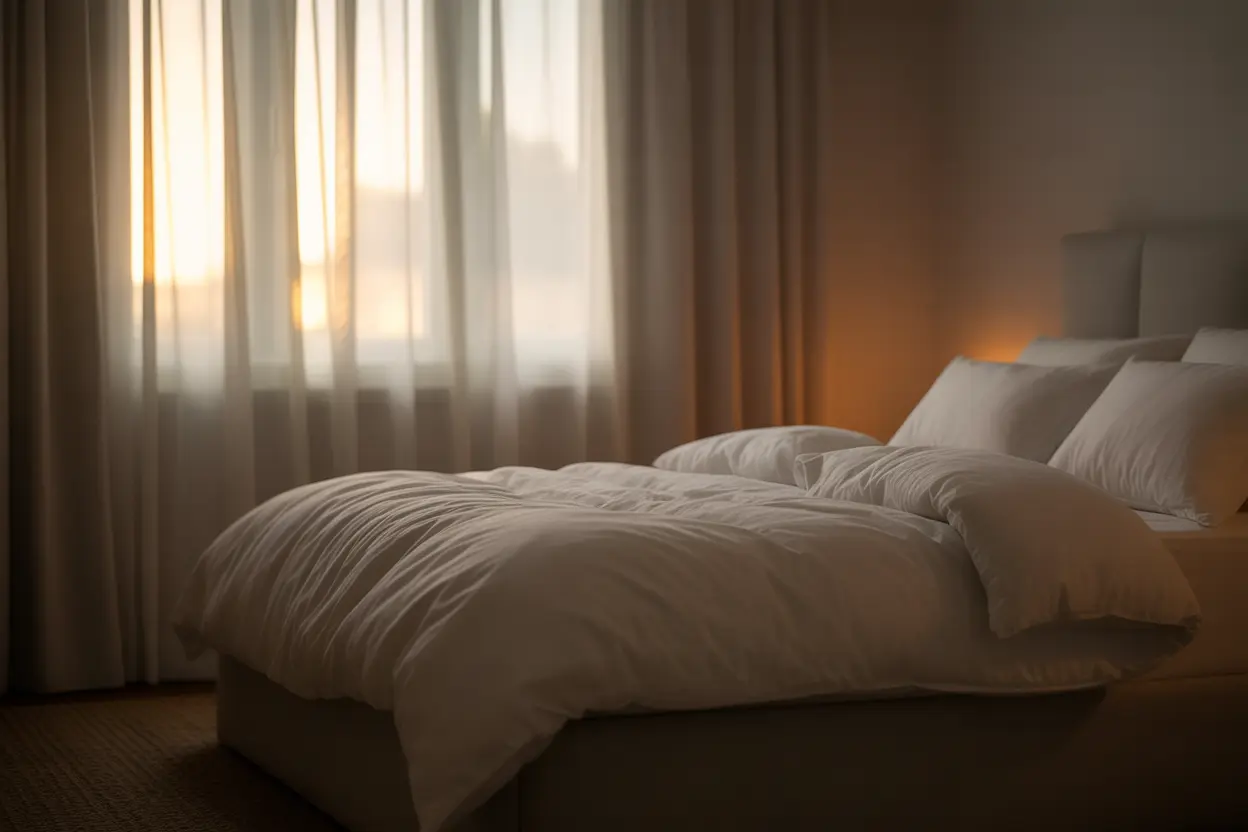 A peaceful bedroom with soft morning light, creating a calm environment for healthy sleep.
