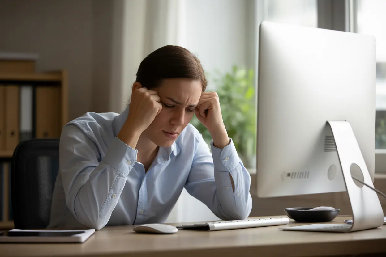 A person struggling with fatigue sits at their office desk, finding it hard to concentrate on their work.