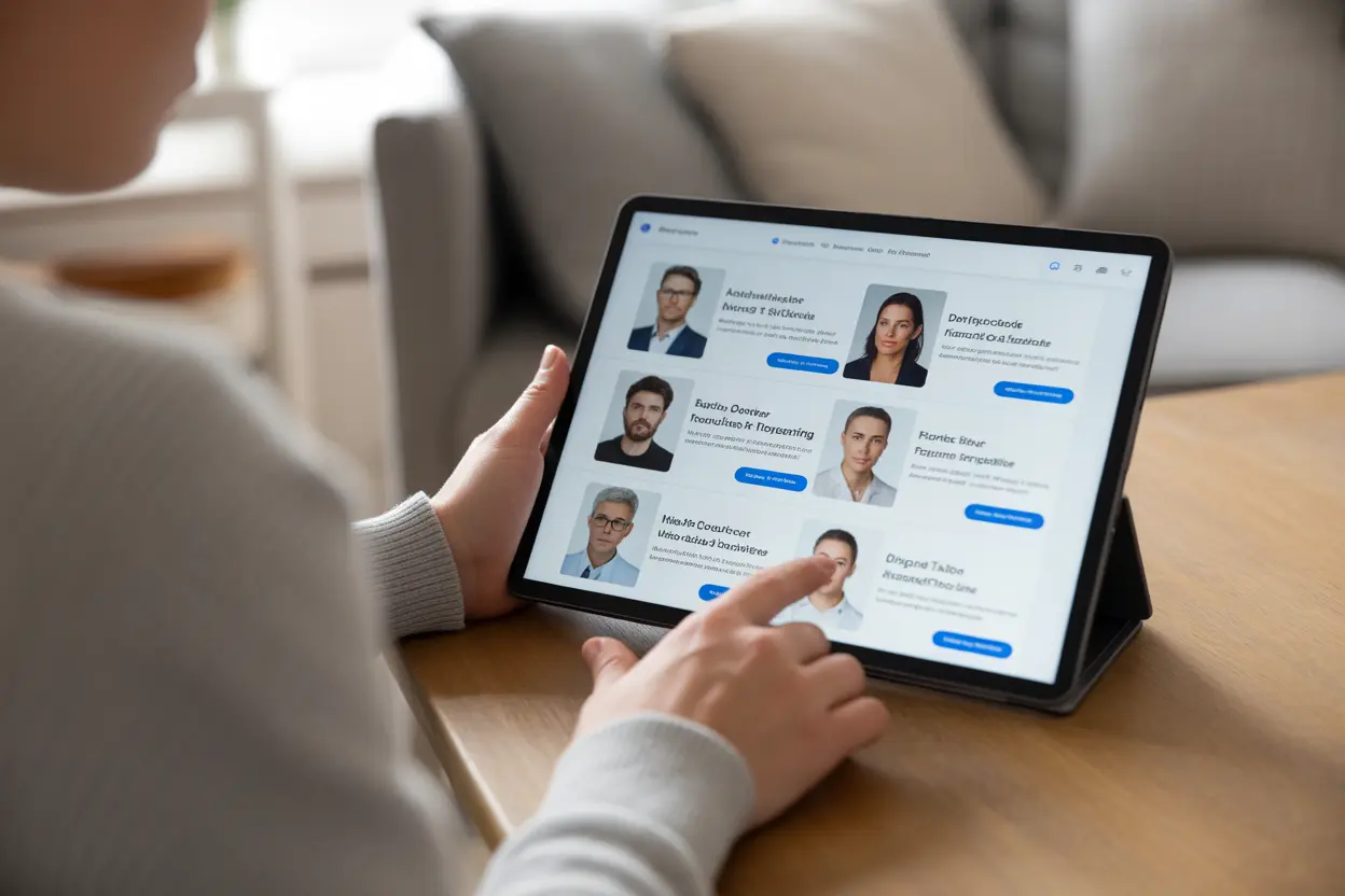 A person browsing a directory of healthcare providers on a laptop.