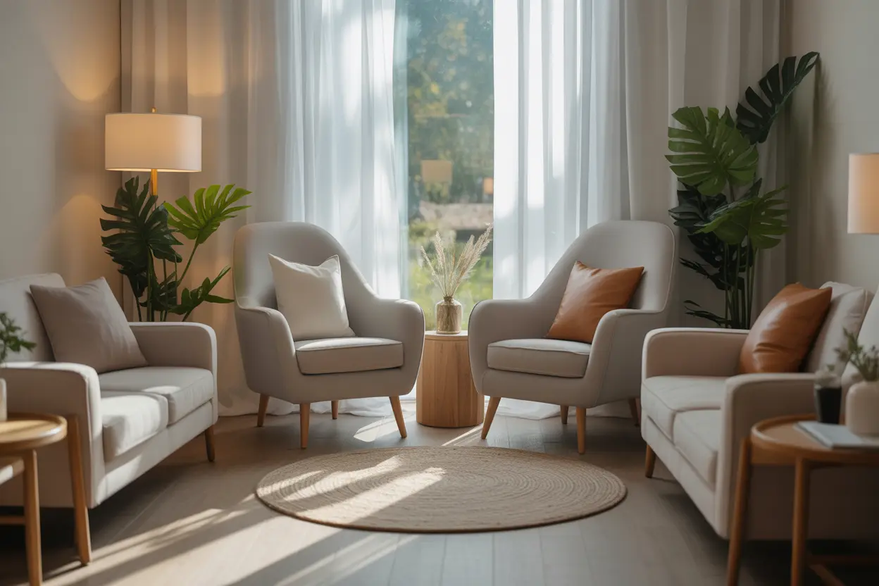 A serene and modern therapy room with comfortable seating and soft, natural light.