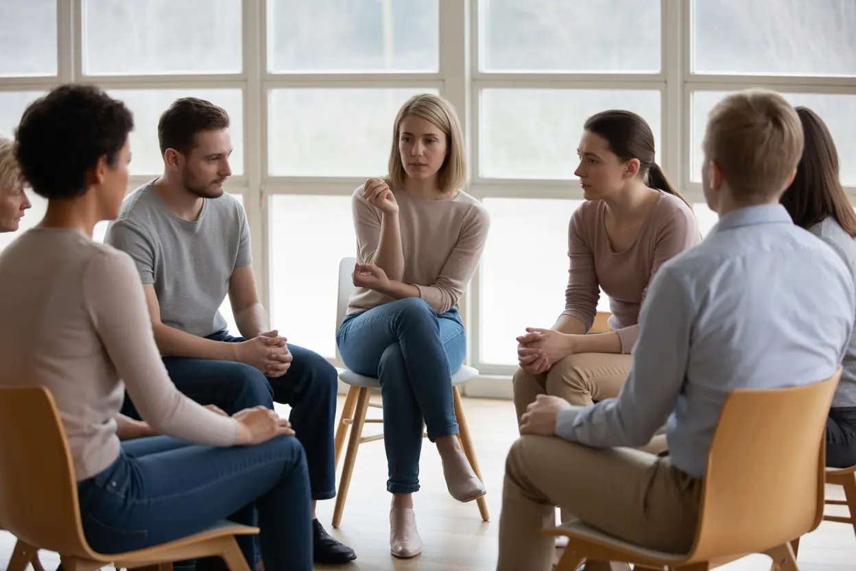 A diverse group of people in a supportive group therapy session, listening with empathy.
