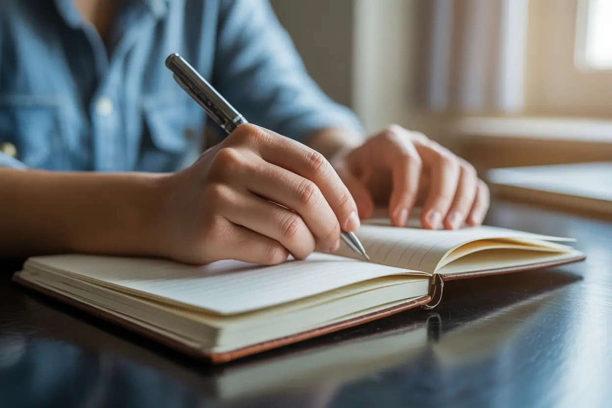 A person's hands writing in a journal to process their thoughts and worries about their health.
