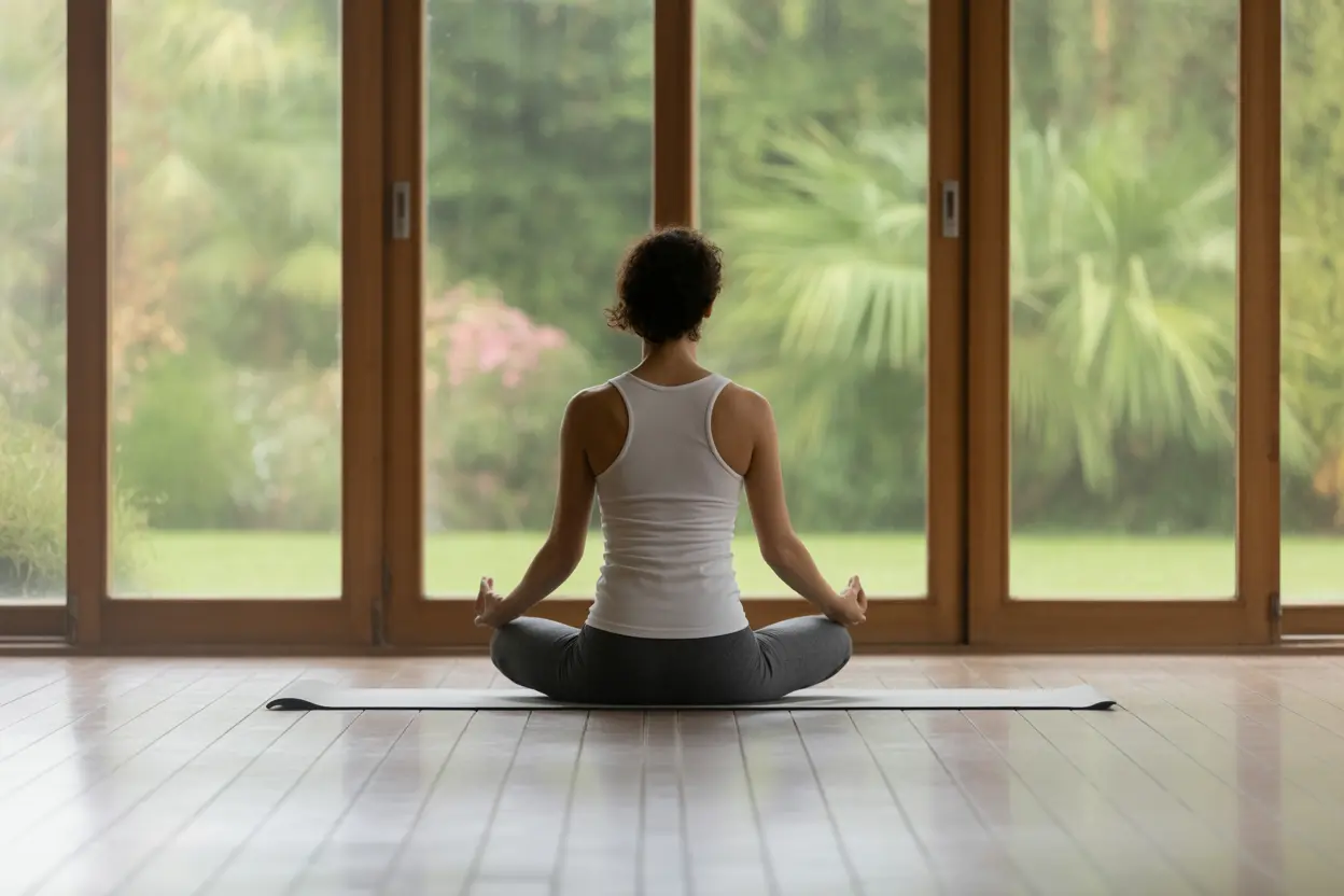 A person practicing yoga in a calm, well-lit room, demonstrating self-care for stress management.