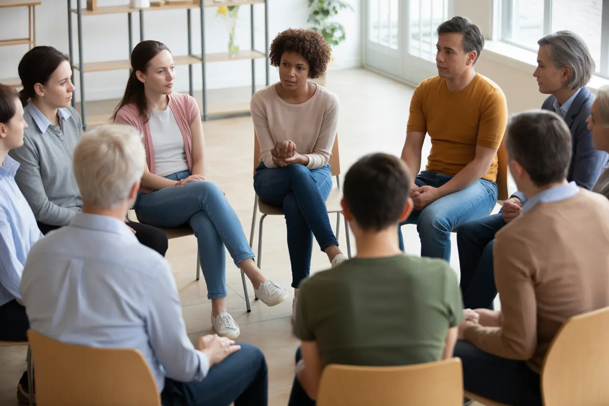 A diverse group of people in a support group meeting, listening attentively in a bright, safe room.