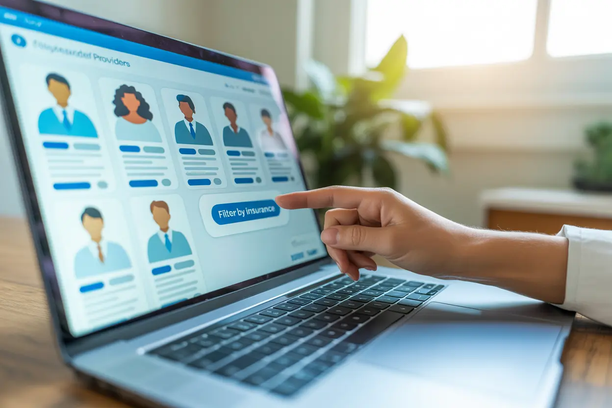 A person uses a laptop to filter a directory of therapists by insurance, feeling empowered.