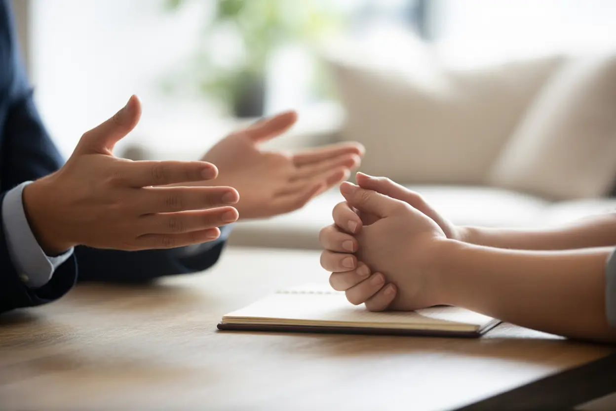 Two people's hands during a supportive therapy session, conveying trust and understanding.