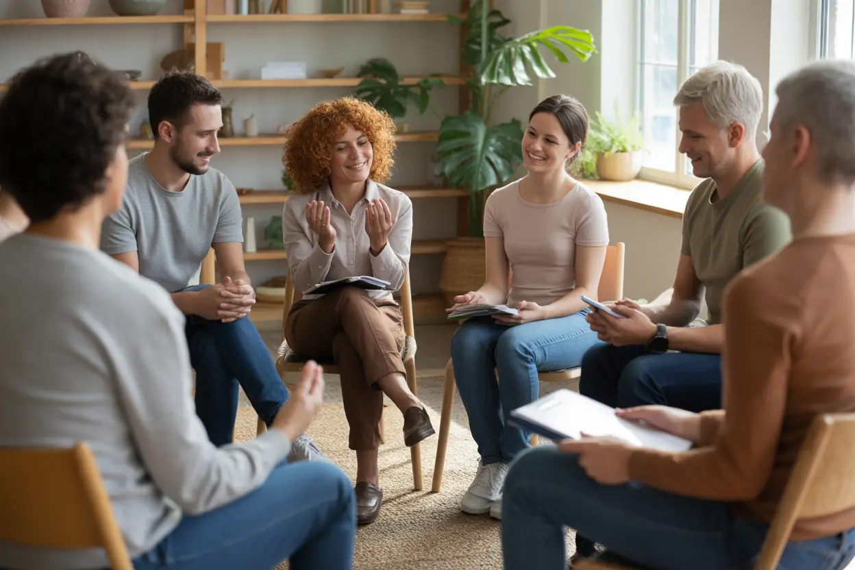 A supportive group therapy session in a bright, comfortable room, showing community and trust in recovery.