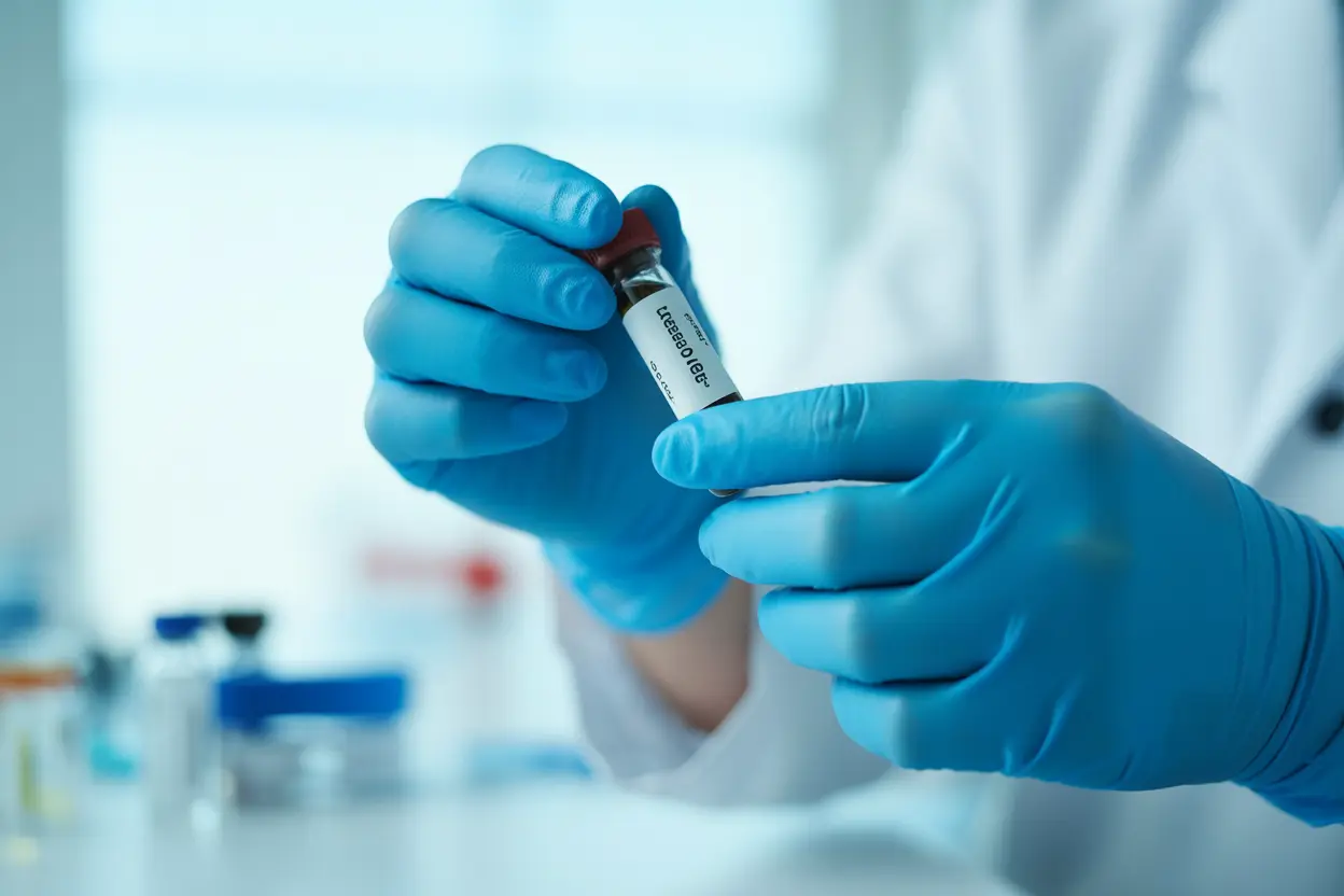 A medical professional in blue gloves handles a testing vial, representing safe and confidential infectious disease screening.