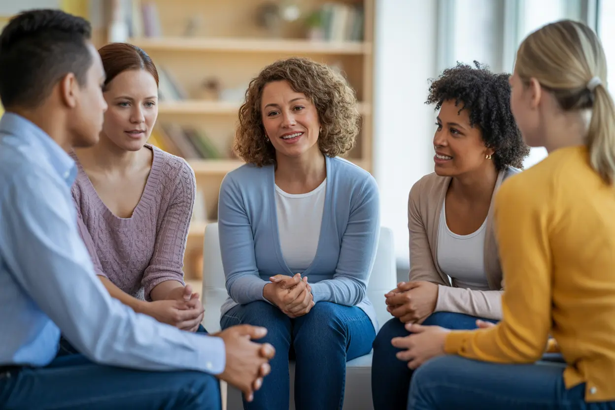 A diverse group of people sits in a supportive therapy circle at an Indiana rehab facility.
