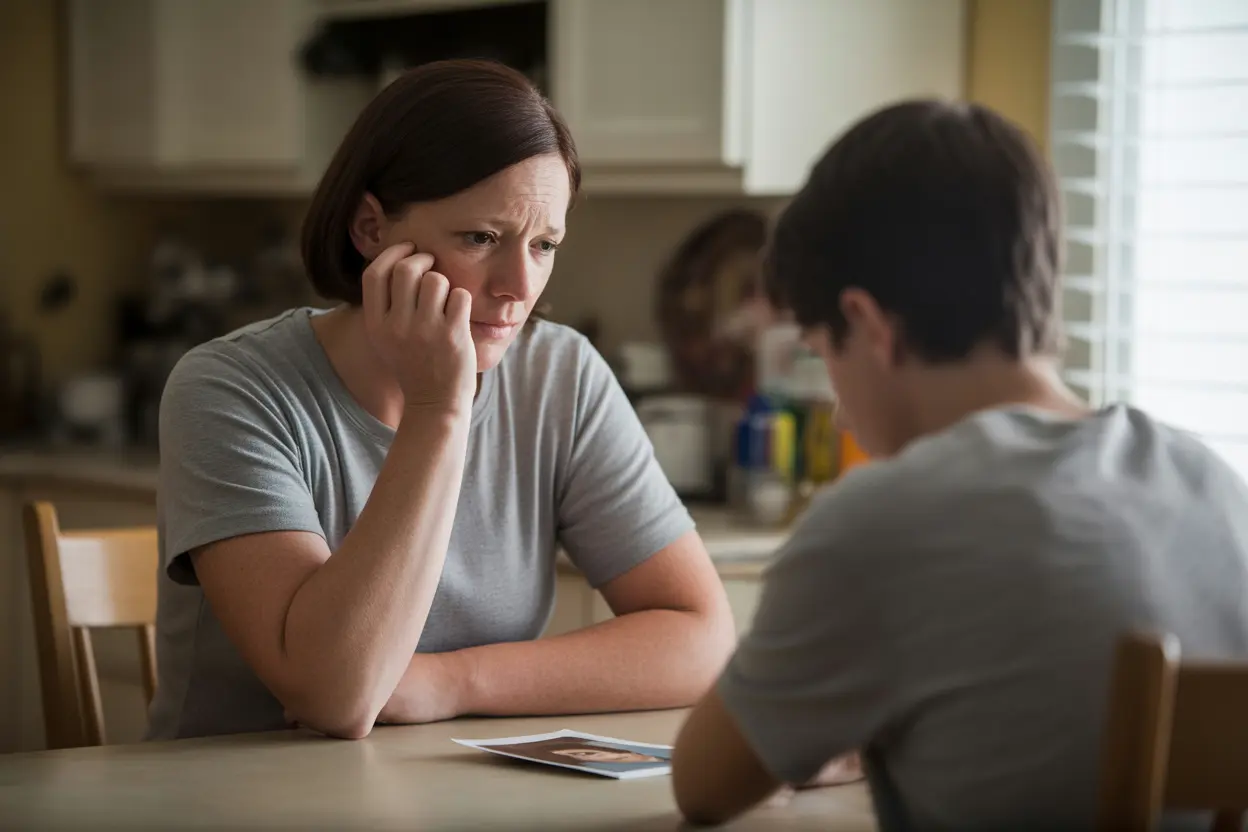 A concerned parent looks at their child's school photo, contemplating the possibility of inhalant abuse.