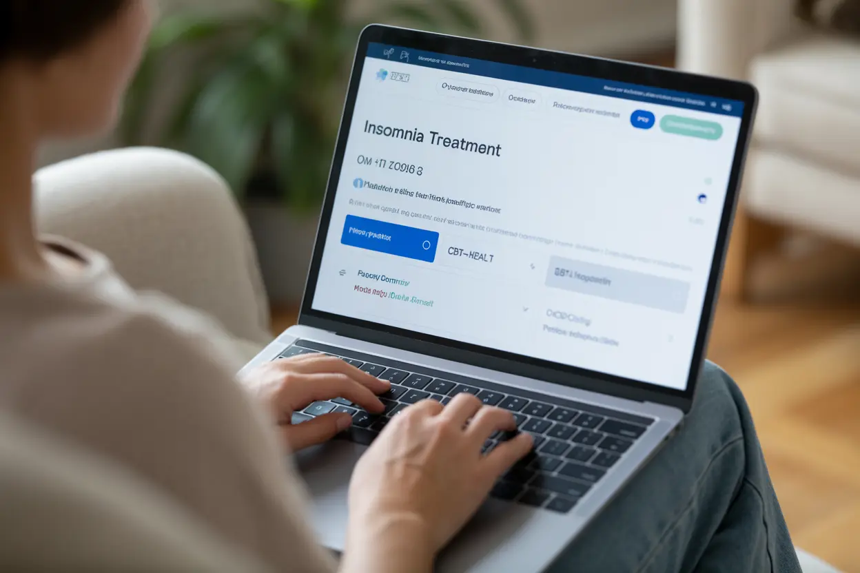 A person in Indiana uses a laptop to search an online directory for insomnia treatment providers, with filter options for CBT-I and telehealth visible.
