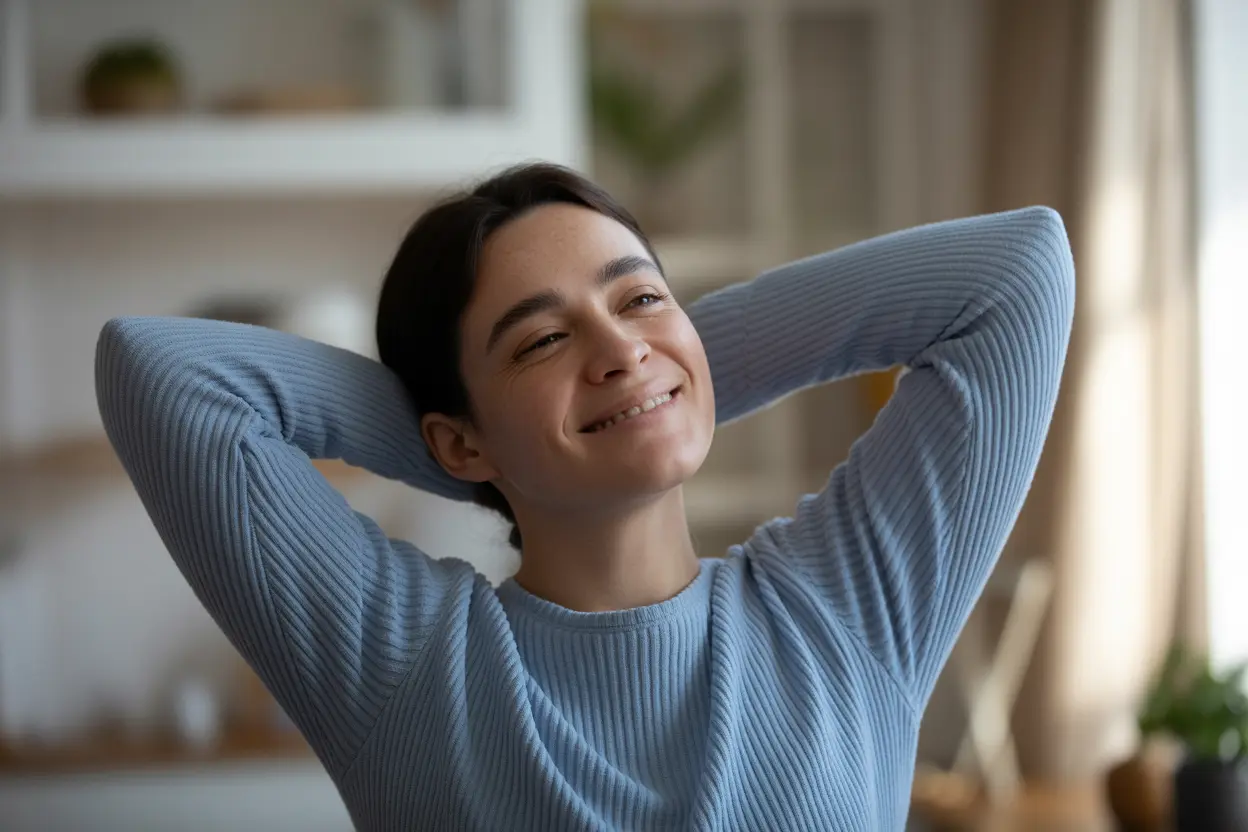 A person wakes up refreshed in their Indiana home, smiling as morning sunlight fills the room, representing successful insomnia treatment.