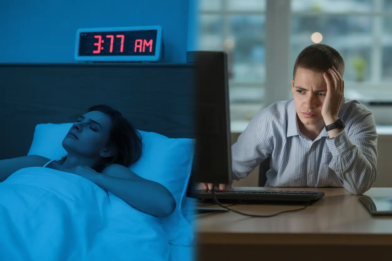 A person struggles with insomnia at night and feels fatigued at work during the day.