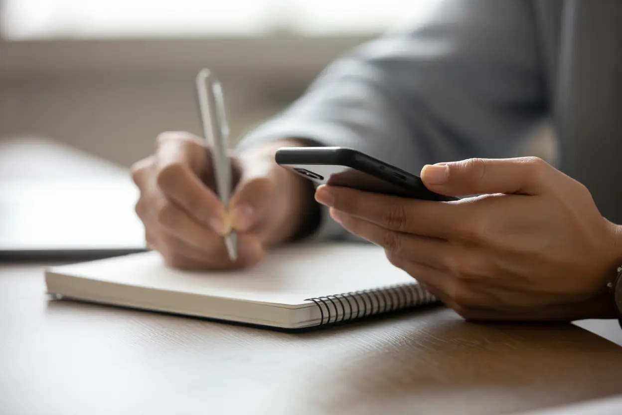 A person's hands holding a phone and writing notes, symbolizing taking organized steps to verify insurance.