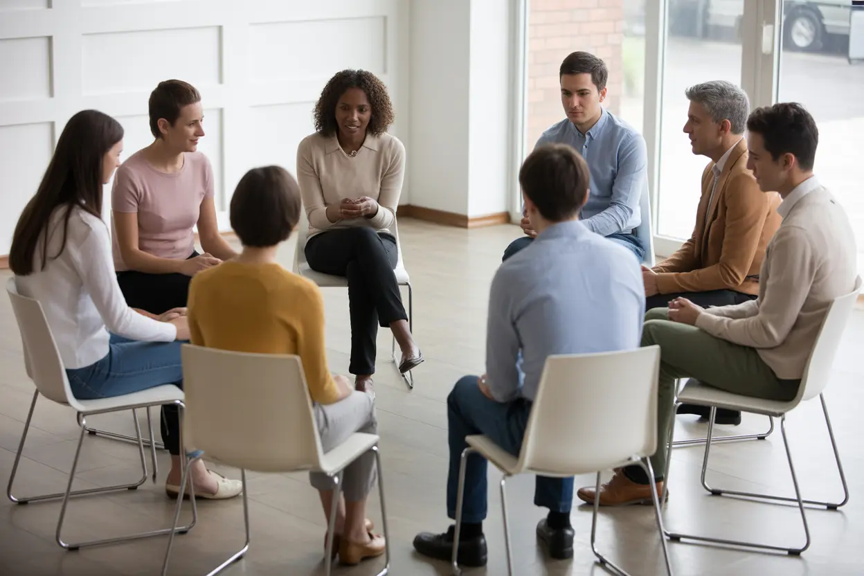 A supportive group therapy session in a bright, welcoming room, symbolizing community in rehab.