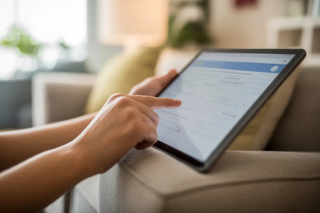 A person calmly fills out an online insurance verification form on a tablet in a well-lit room, feeling empowered.