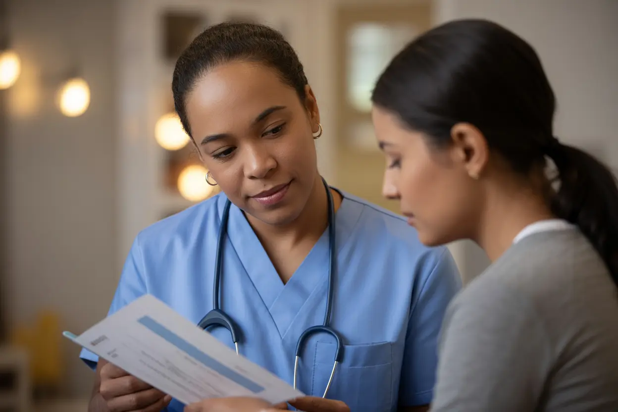 A healthcare professional kindly explains a document to a parent in a calm Indiana clinic setting.