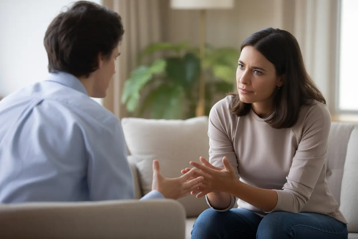 A therapist listens with empathy as a person shares their story in a calm office setting.