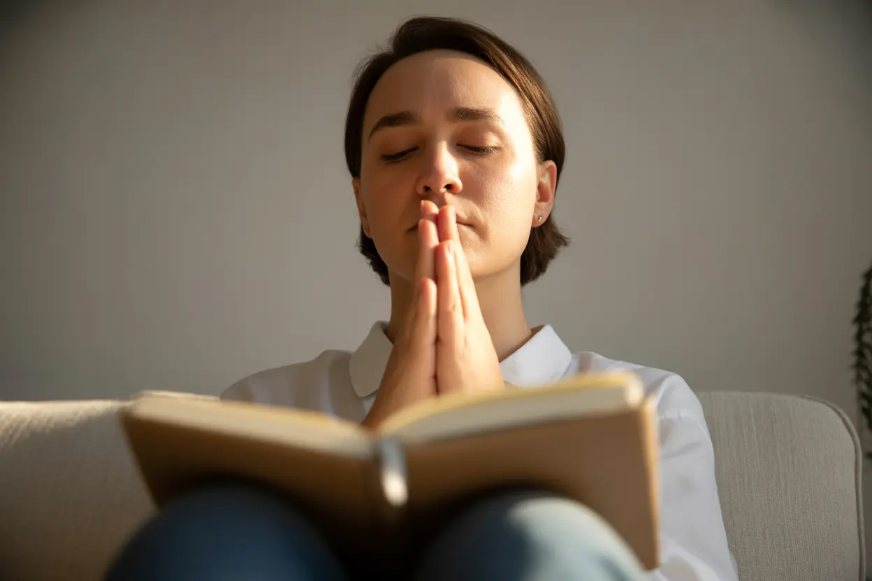 A person practicing self-care by journaling in a notebook in a quiet, sunlit room.