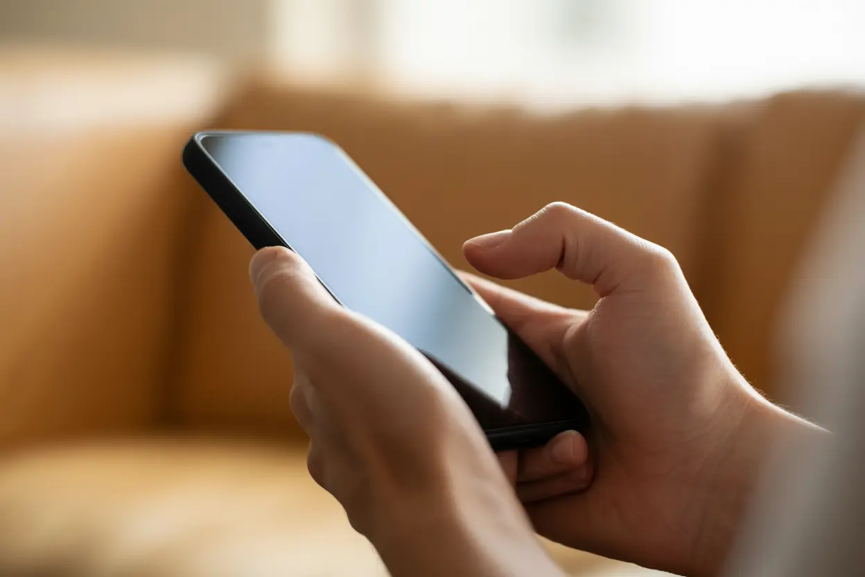 A person's hands holding a smartphone, reflecting on their usage.