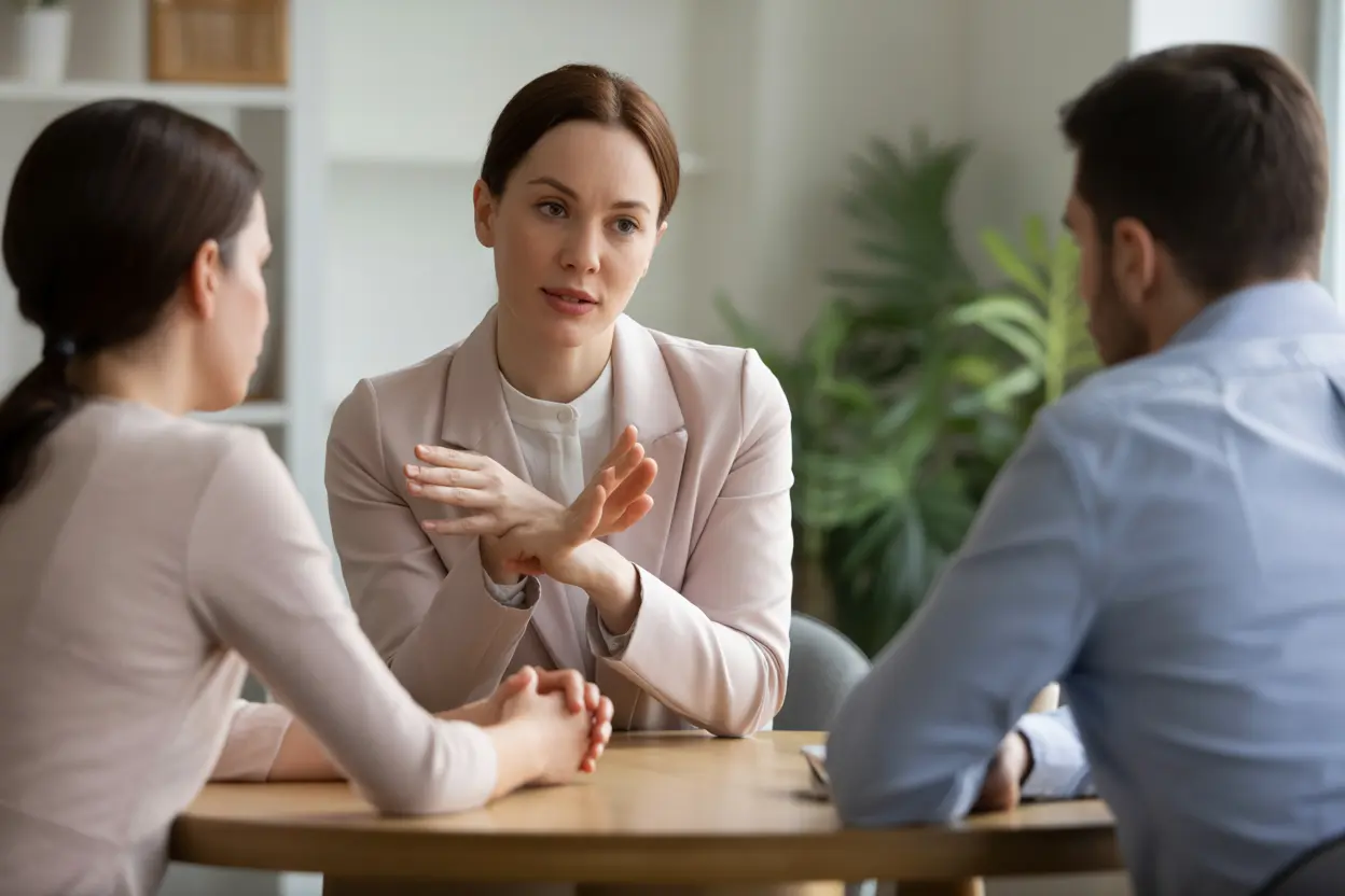A professional interventionist provides compassionate guidance to a concerned couple in a calm office setting.