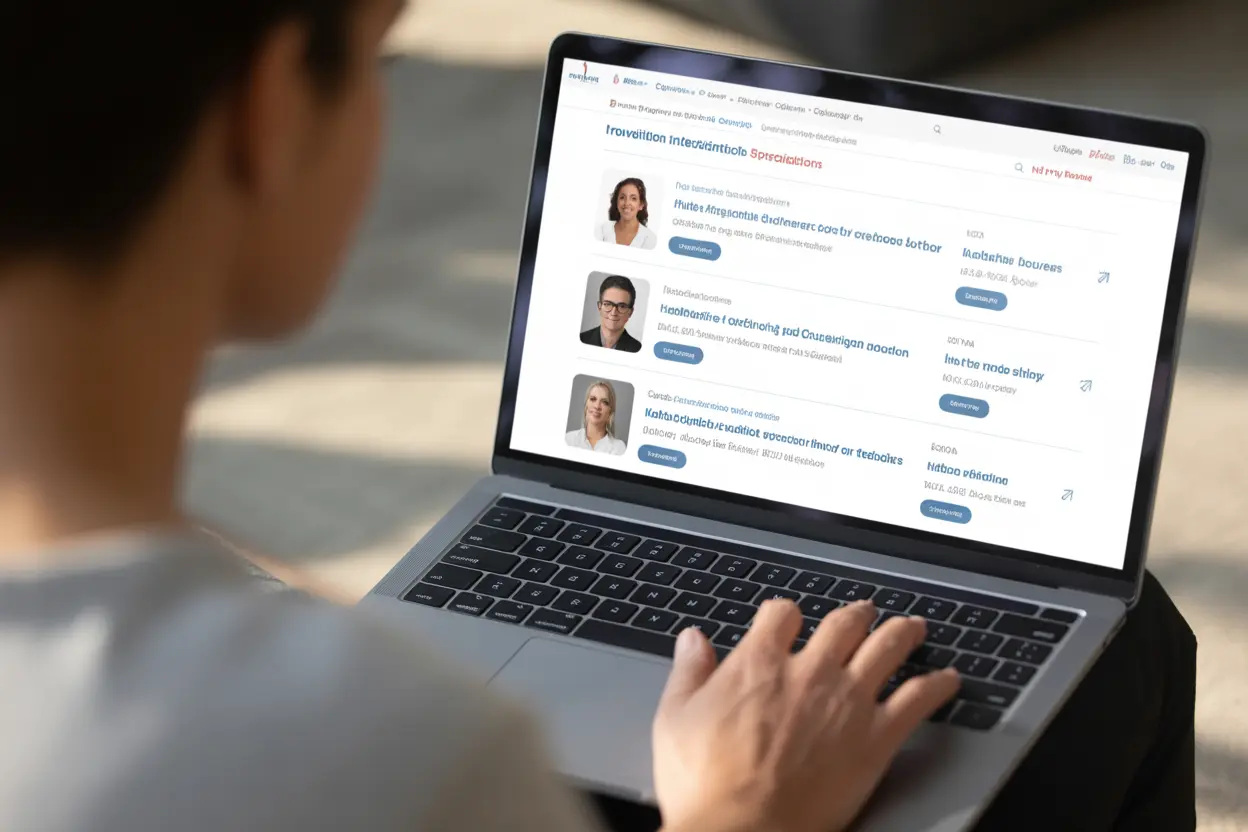 A person searches for professional interventionists in Indiana on a laptop, looking at profiles on a directory website.