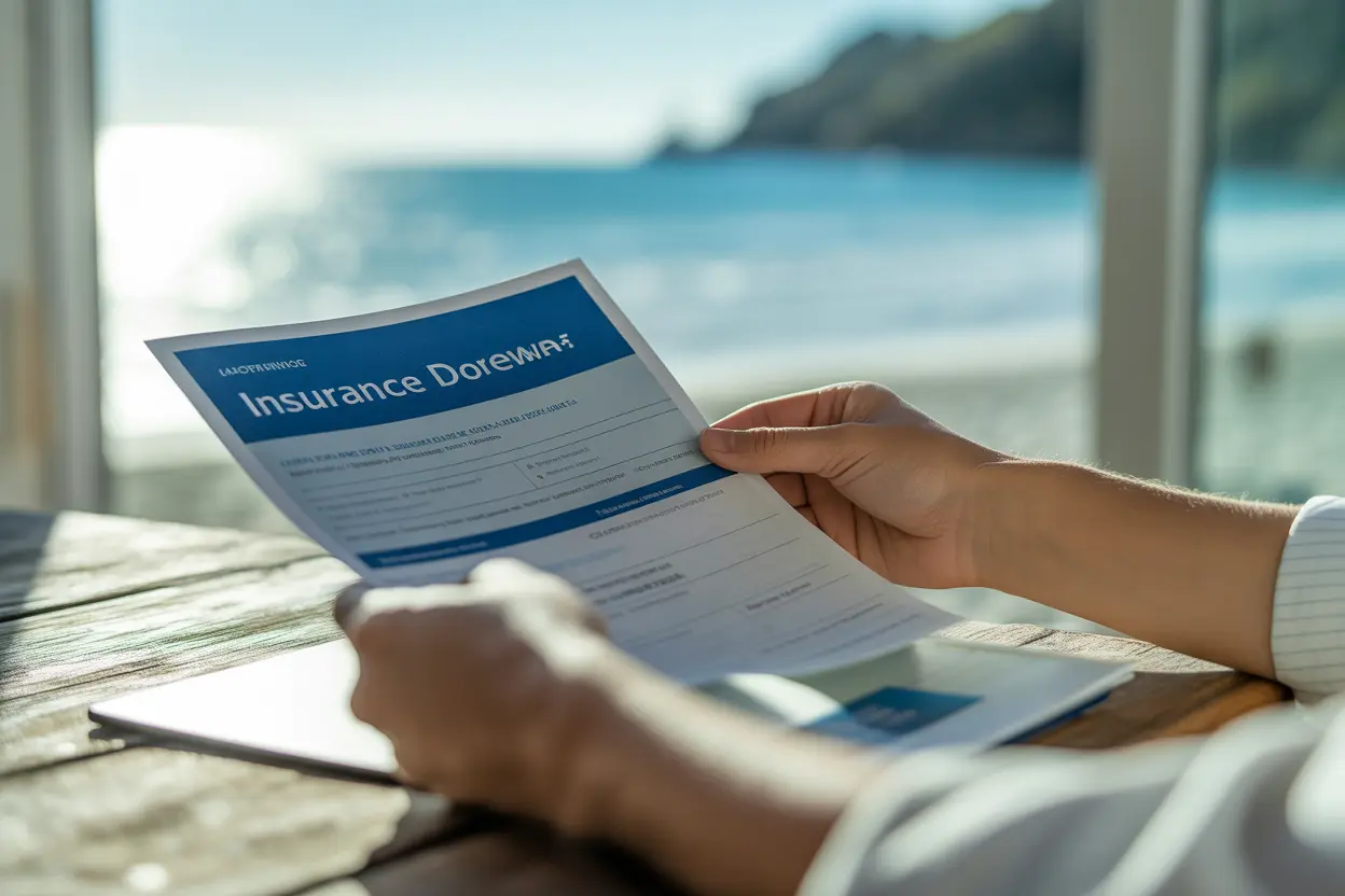 A person's hands reviewing an insurance document at a table with a calm beach scene visible in the background, symbolizing clear financial planning for healthcare.