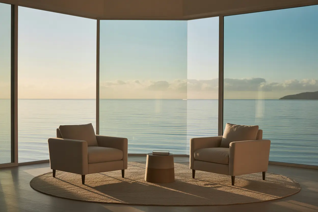A peaceful, modern therapy room with comfortable armchairs and a large window looking out onto a calm ocean, representing a safe space for healing.
