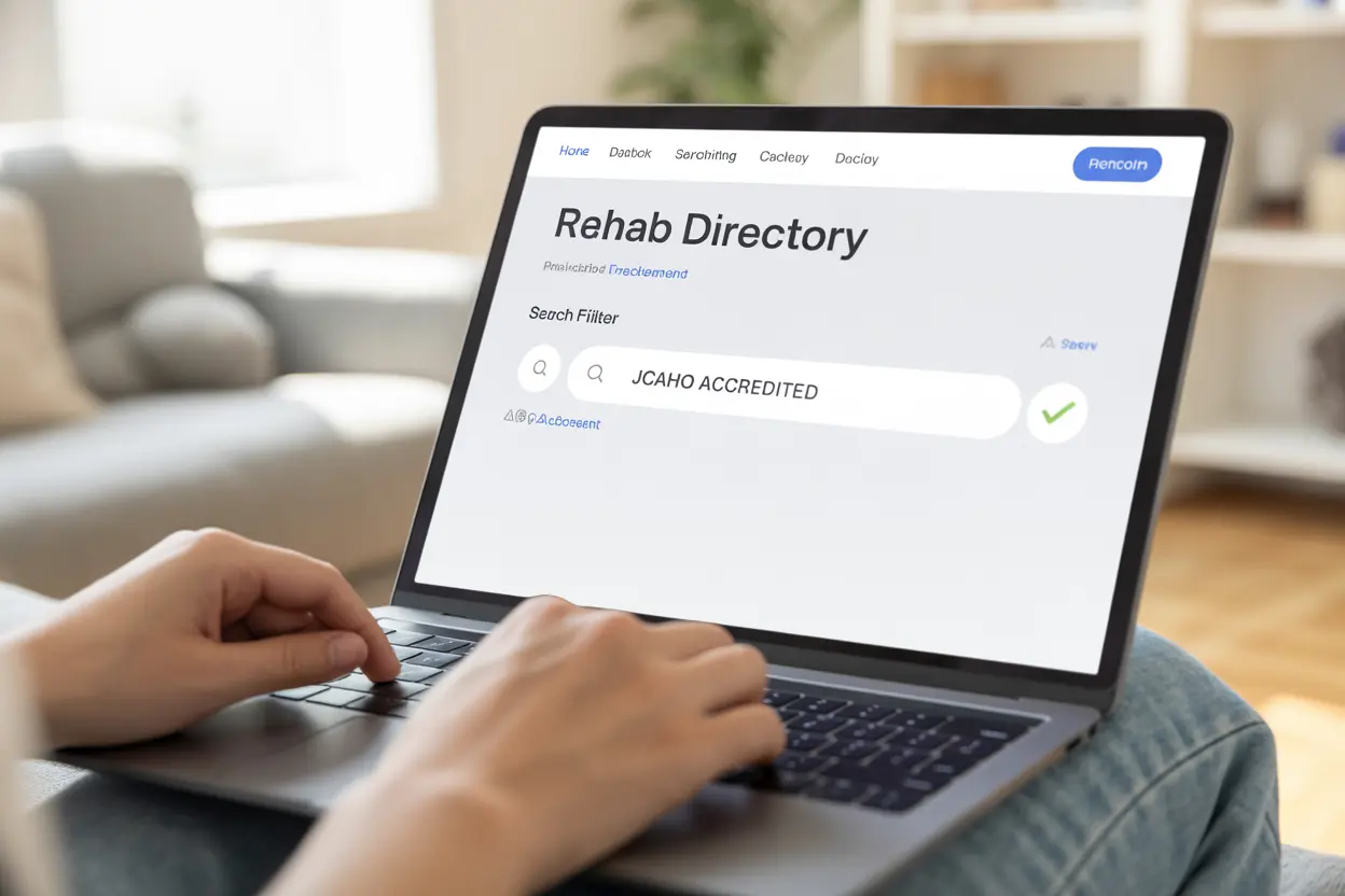 A person uses a laptop to filter a rehab directory for 'JCAHO Accredited' facilities, showing an empowered and informed search process.