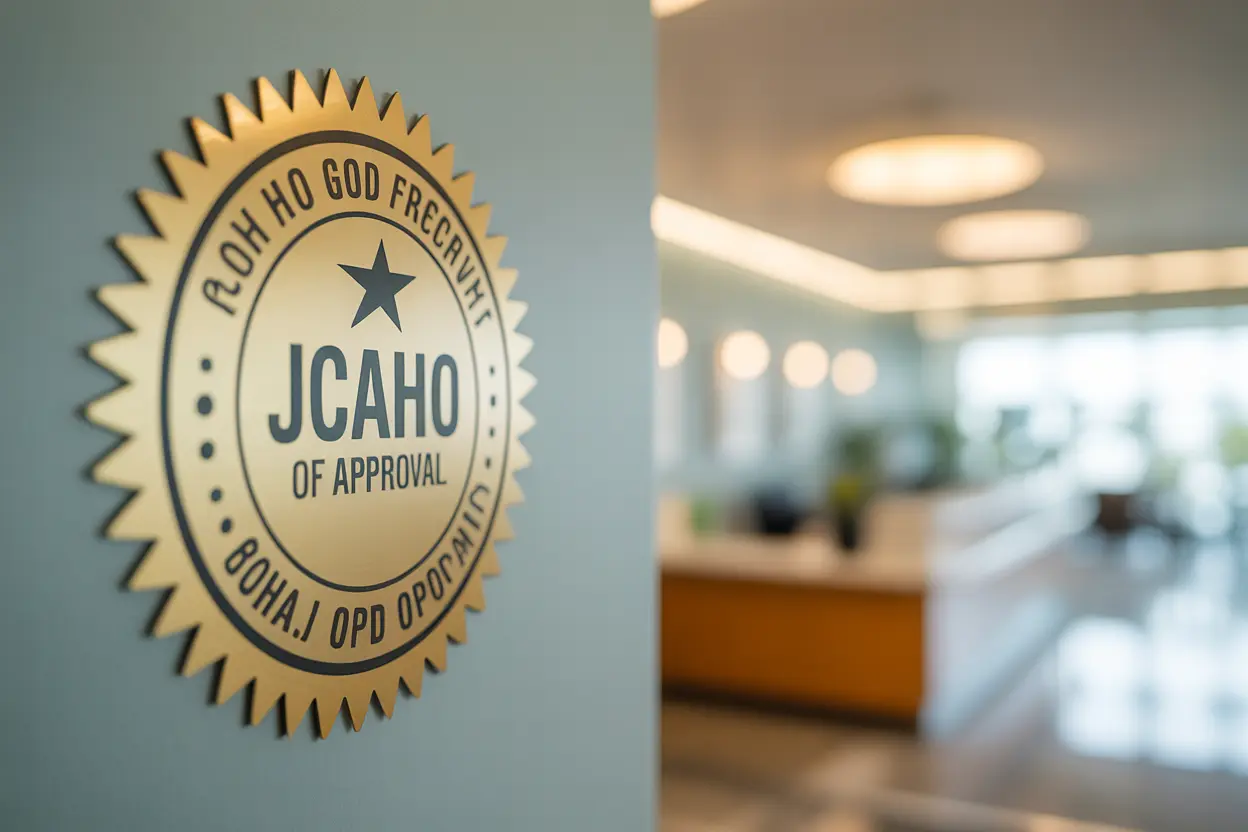 A close-up of The Joint Commission's Gold Seal of Approval plaque on the wall of a welcoming rehab facility, signifying trust and professionalism.