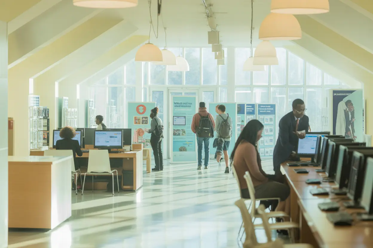 The bright and welcoming interior of a WorkOne career center in Indiana, where people can access computers and resources for their job search.