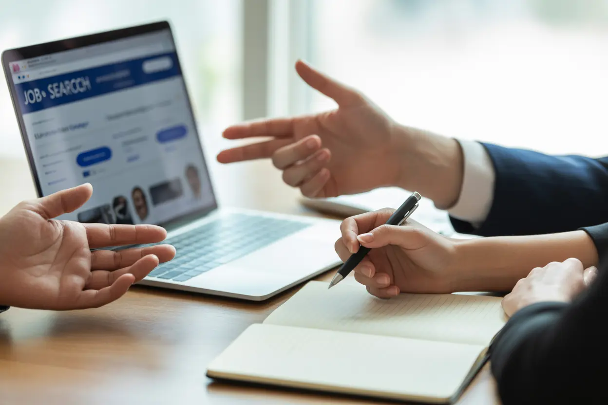 Two people at a table working on a laptop with a job search website on the screen, planning their next career steps.