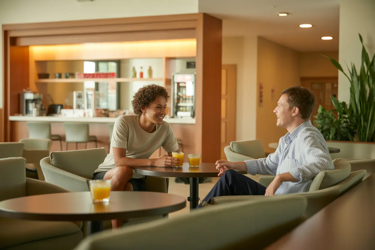 A comfortable lounge area in a rehab facility with a smoothie bar in the background, showing how wellness is integrated into the environment.