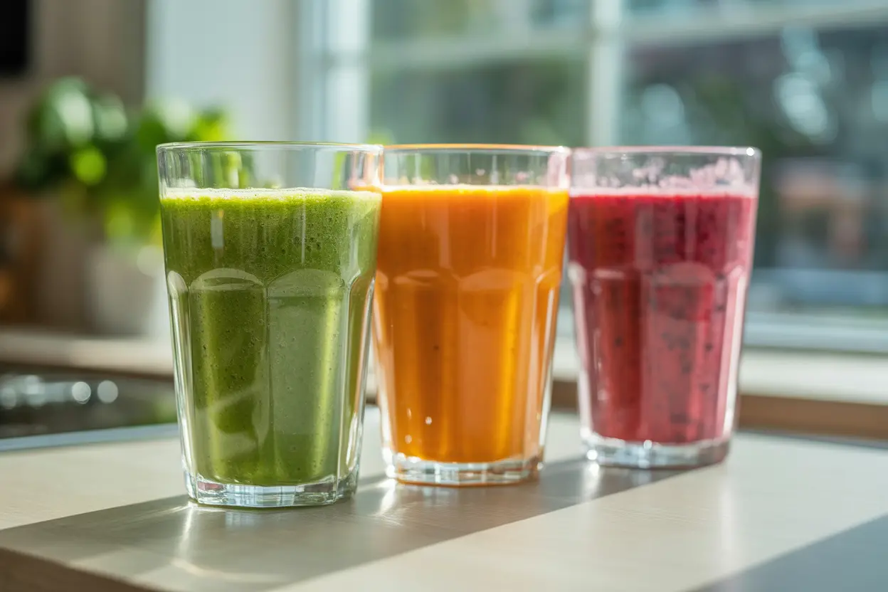 Three colorful smoothies on a wooden counter, representing the fresh options available at a juice bar rehab.