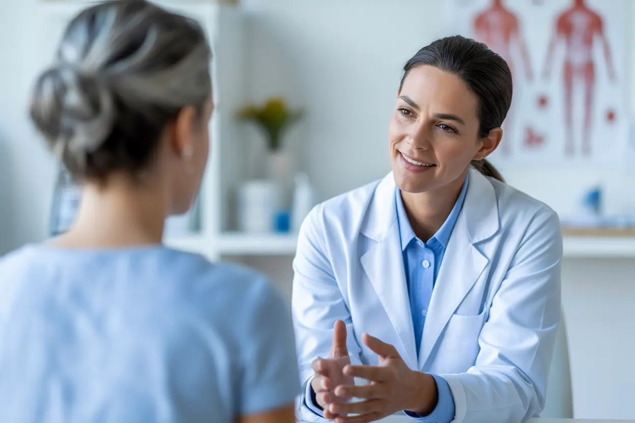 A compassionate healthcare professional listens intently to a patient during a consultation in a comfortable office.