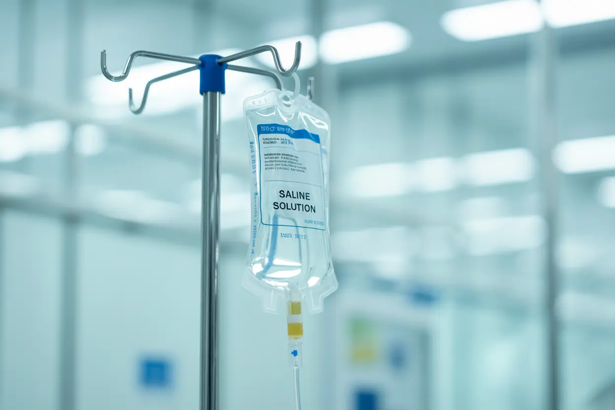 Close-up of a saline solution IV drip bag in a clean medical room, representing a clinical procedure.