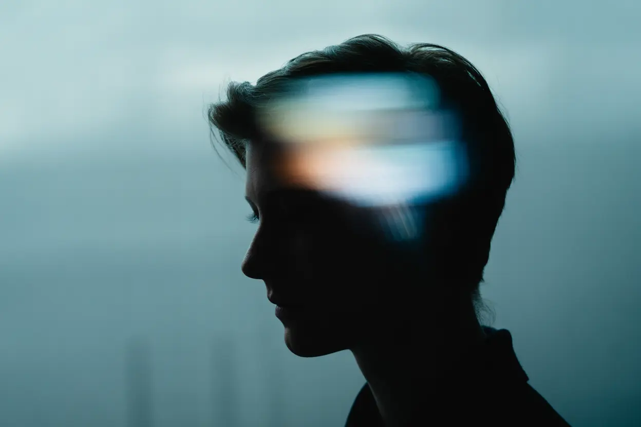 A silhouette of a person's head with an abstract blur of light inside, representing mental healing and regaining clarity.