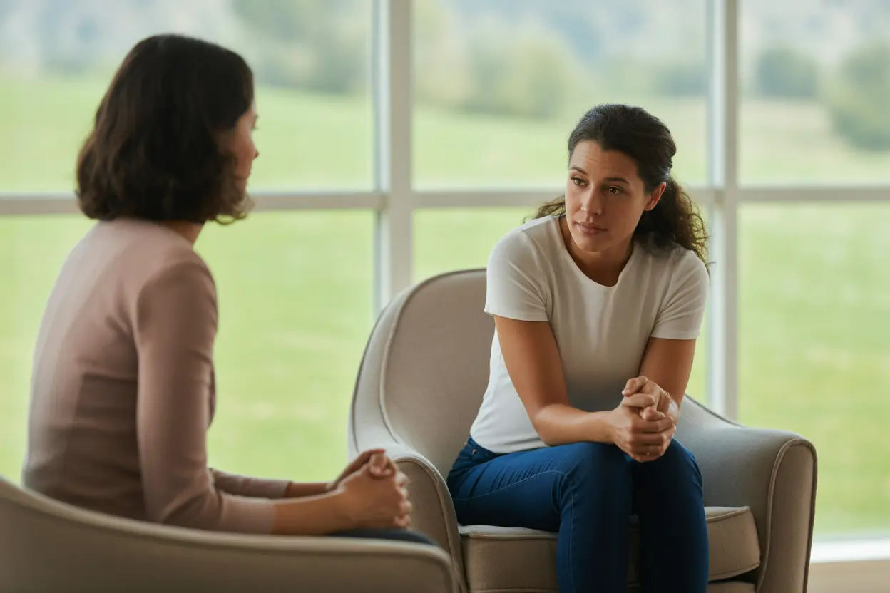 A compassionate therapist listening to a person during a confidential therapy session in a bright, peaceful room.