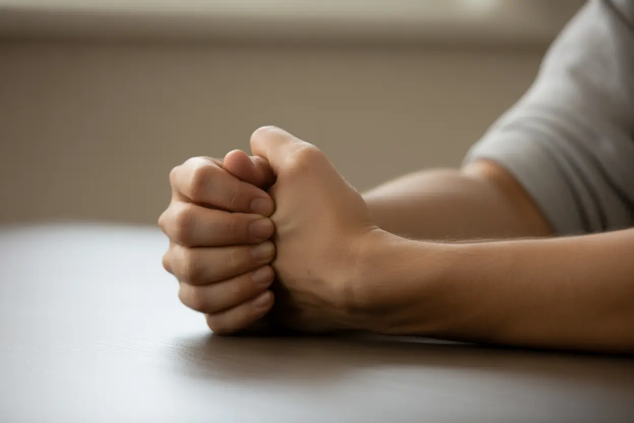 A person's hands resting on a table, one clenched, suggesting an internal struggle with kleptomania.
