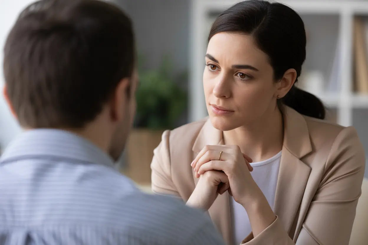 A compassionate therapist listening to a client during a kleptomania treatment session.