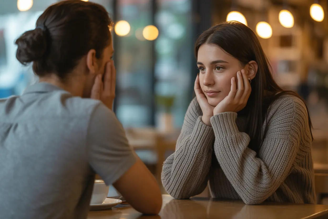 Two friends having a supportive conversation at a cafe, representing a strong support system.